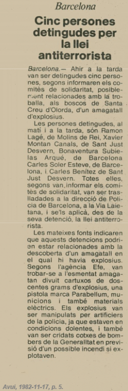 Notícia sobre l'operació policial contra Terra Lliure publicada al diari Avui el 17 de novembre de 1982, en què fou detingut Aureli Solsona