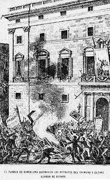 Revolució de Setembre de 1868 a Barcelona: crema dels retrats del borbons a la plaça Sant Jaume