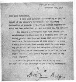 1917 Declaració Balfour sobre Palestina, que afavoria la idea de la creació de l'Estat d'Israel