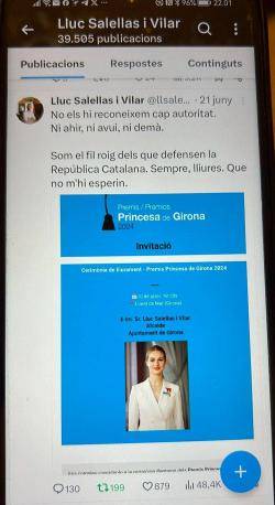 Piulada de Lluc Salellas del passat 21 de juny on respon a la invitació de la Fundación Princesa de Girona per assistir a l'acte del proper 10 de juliol a Lloret de Mar