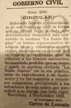 1924- El governador civil de Barcelona prohibeix la sardana "La Santa Espina"