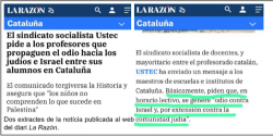 El diari "La Razón" es veu obligat a rectificar i pagar 6.000 euros d?indemnització al sindicat USTEC·STEs (IAC) per haver-lo acusat de propagar odi contra la comunitat jueva